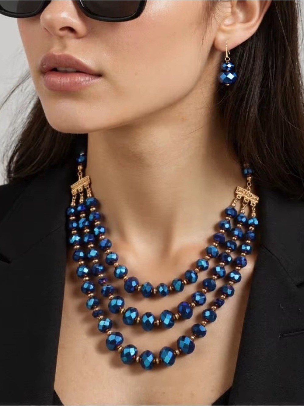 Women’s Three-Strand Blue Beaded Necklace and Earrings Set